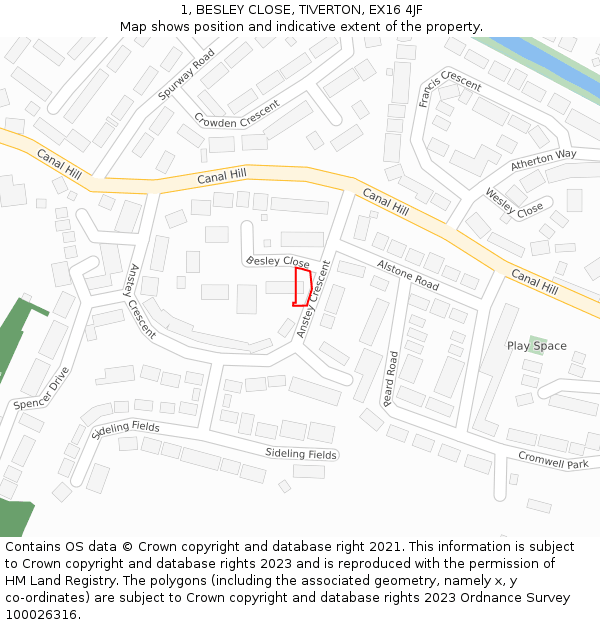 1, BESLEY CLOSE, TIVERTON, EX16 4JF: Location map and indicative extent of plot