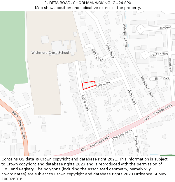 1, BETA ROAD, CHOBHAM, WOKING, GU24 8PX: Location map and indicative extent of plot