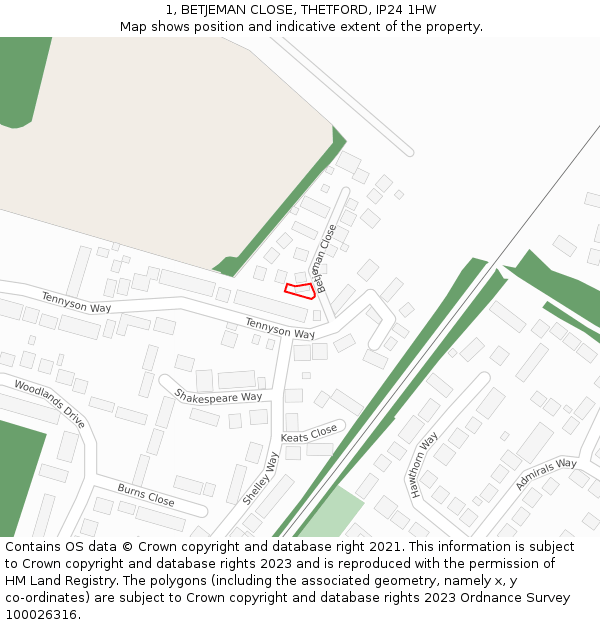 1, BETJEMAN CLOSE, THETFORD, IP24 1HW: Location map and indicative extent of plot
