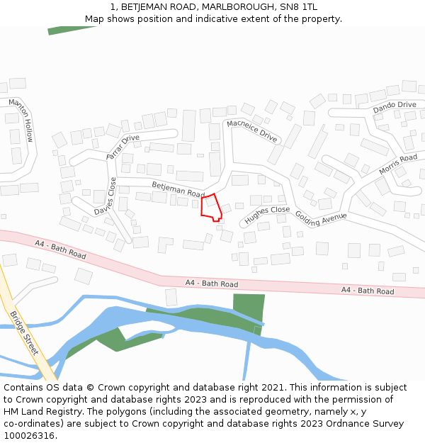 1, BETJEMAN ROAD, MARLBOROUGH, SN8 1TL: Location map and indicative extent of plot