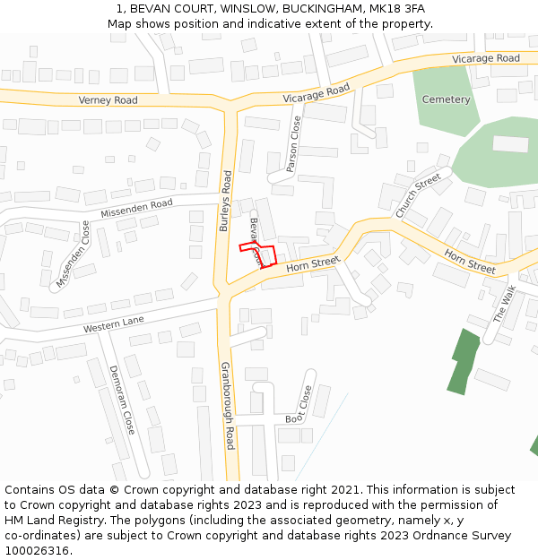 1, BEVAN COURT, WINSLOW, BUCKINGHAM, MK18 3FA: Location map and indicative extent of plot