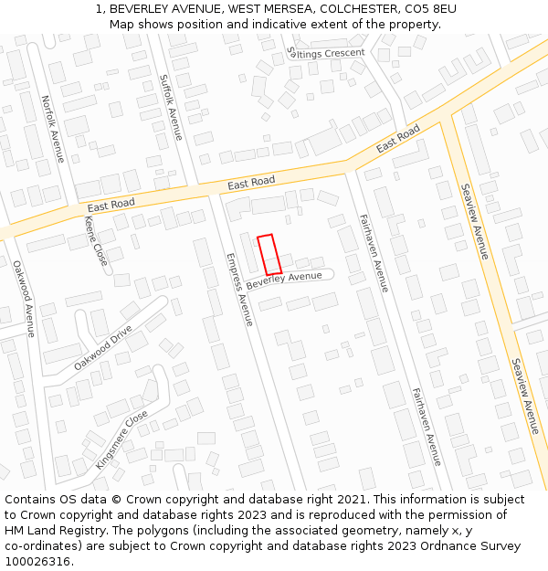 1, BEVERLEY AVENUE, WEST MERSEA, COLCHESTER, CO5 8EU: Location map and indicative extent of plot