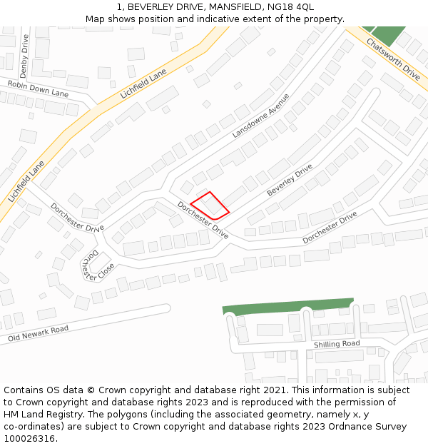 1, BEVERLEY DRIVE, MANSFIELD, NG18 4QL: Location map and indicative extent of plot