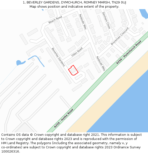 1, BEVERLEY GARDENS, DYMCHURCH, ROMNEY MARSH, TN29 0UJ: Location map and indicative extent of plot