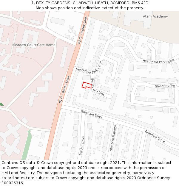 1, BEXLEY GARDENS, CHADWELL HEATH, ROMFORD, RM6 4FD: Location map and indicative extent of plot