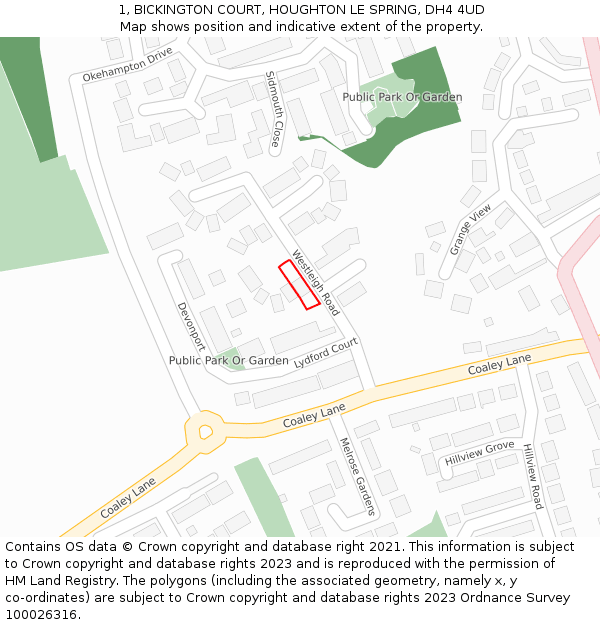 1, BICKINGTON COURT, HOUGHTON LE SPRING, DH4 4UD: Location map and indicative extent of plot