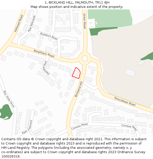 1, BICKLAND HILL, FALMOUTH, TR11 4JH: Location map and indicative extent of plot