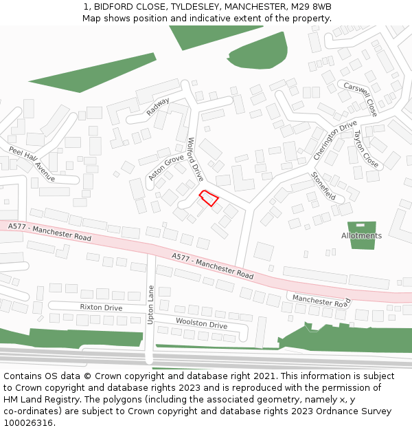 1, BIDFORD CLOSE, TYLDESLEY, MANCHESTER, M29 8WB: Location map and indicative extent of plot