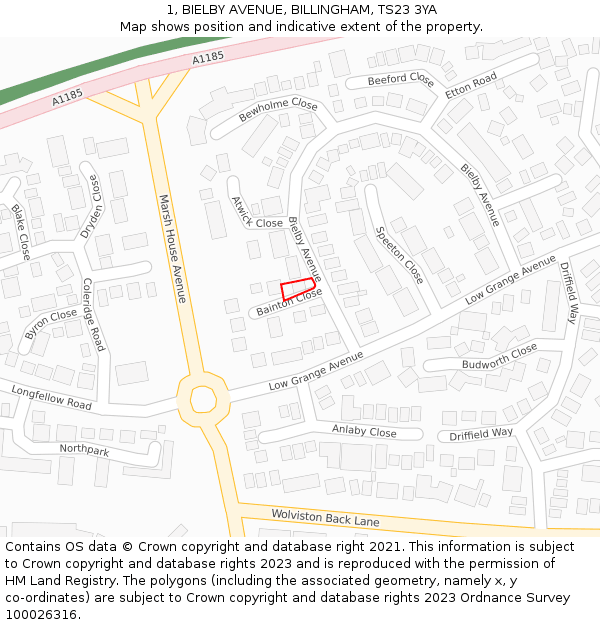 1, BIELBY AVENUE, BILLINGHAM, TS23 3YA: Location map and indicative extent of plot