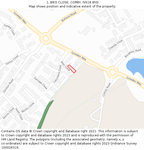 1, BIES CLOSE, CORBY, NN18 8NS: Location map and indicative extent of plot