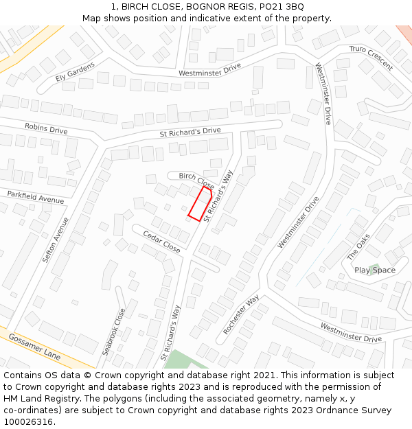 1, BIRCH CLOSE, BOGNOR REGIS, PO21 3BQ: Location map and indicative extent of plot