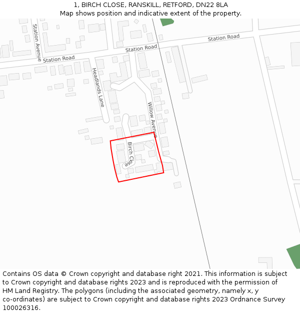 1, BIRCH CLOSE, RANSKILL, RETFORD, DN22 8LA: Location map and indicative extent of plot