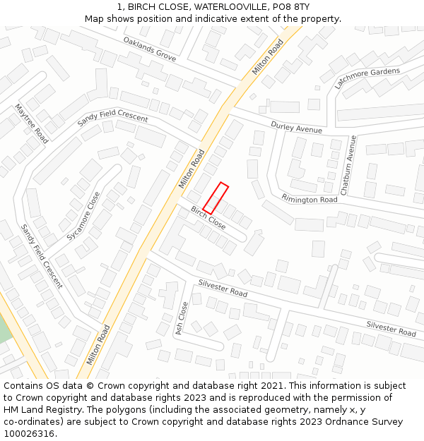 1, BIRCH CLOSE, WATERLOOVILLE, PO8 8TY: Location map and indicative extent of plot