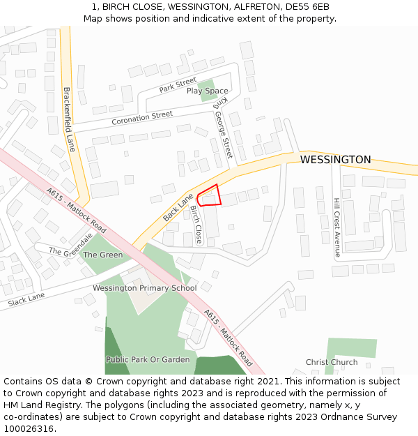 1, BIRCH CLOSE, WESSINGTON, ALFRETON, DE55 6EB: Location map and indicative extent of plot