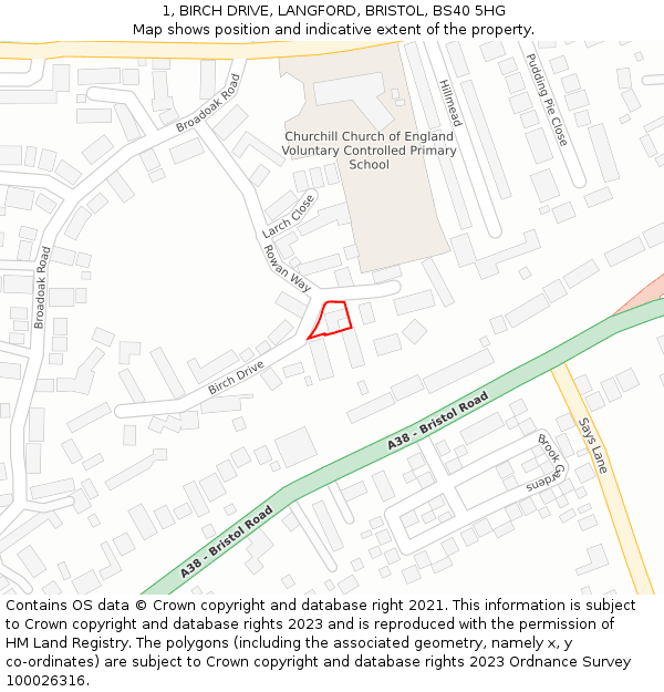 1, BIRCH DRIVE, LANGFORD, BRISTOL, BS40 5HG: Location map and indicative extent of plot