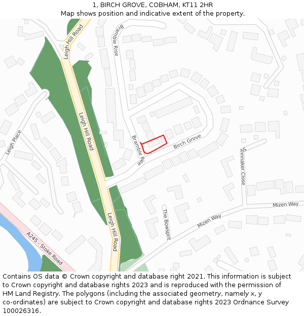1, BIRCH GROVE, COBHAM, KT11 2HR: Location map and indicative extent of plot
