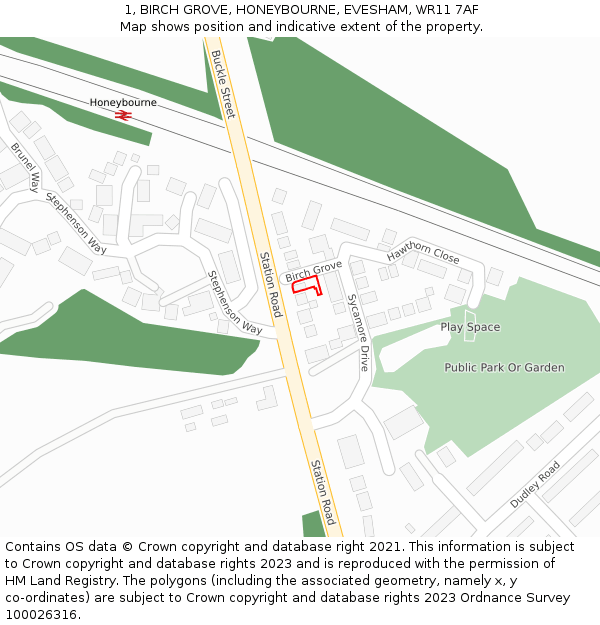 1, BIRCH GROVE, HONEYBOURNE, EVESHAM, WR11 7AF: Location map and indicative extent of plot