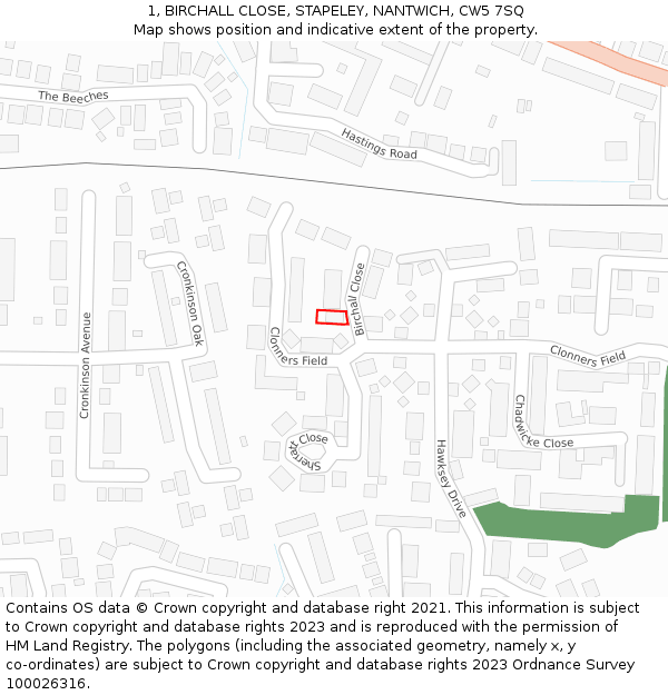 1, BIRCHALL CLOSE, STAPELEY, NANTWICH, CW5 7SQ: Location map and indicative extent of plot