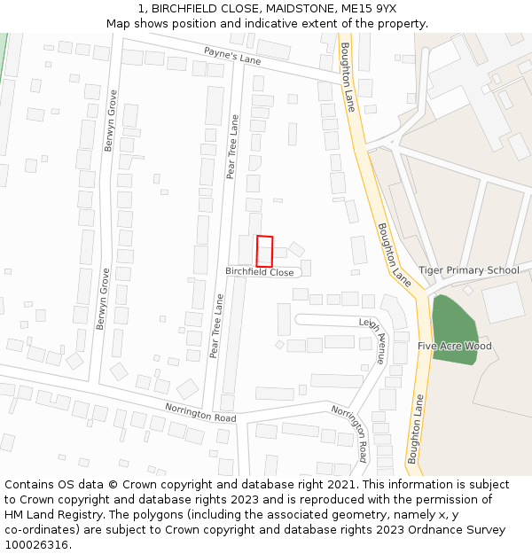 1, BIRCHFIELD CLOSE, MAIDSTONE, ME15 9YX: Location map and indicative extent of plot