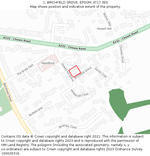1, BIRCHFIELD GROVE, EPSOM, KT17 3ES: Location map and indicative extent of plot