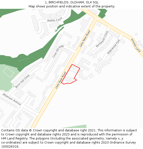1, BIRCHFIELDS, OLDHAM, OL4 5QL: Location map and indicative extent of plot