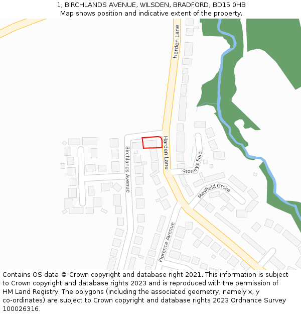 1, BIRCHLANDS AVENUE, WILSDEN, BRADFORD, BD15 0HB: Location map and indicative extent of plot