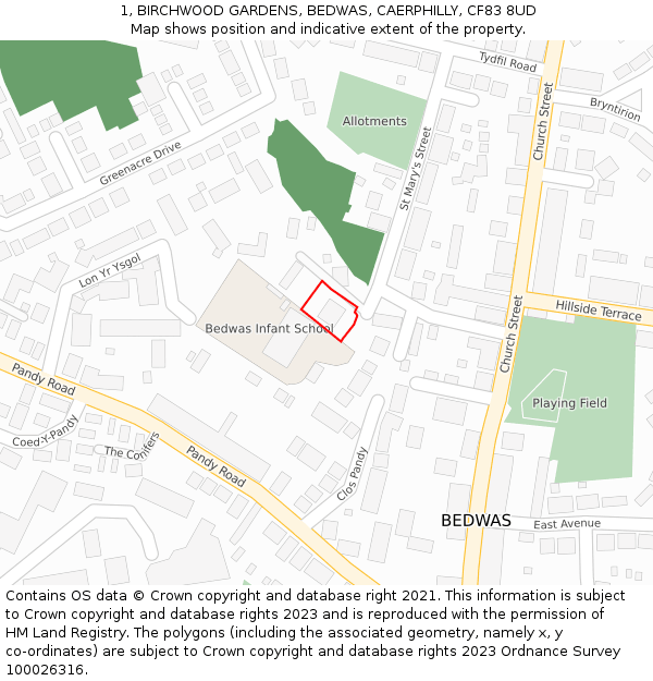 1, BIRCHWOOD GARDENS, BEDWAS, CAERPHILLY, CF83 8UD: Location map and indicative extent of plot