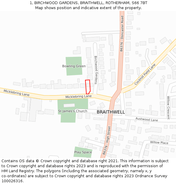 1, BIRCHWOOD GARDENS, BRAITHWELL, ROTHERHAM, S66 7BT: Location map and indicative extent of plot