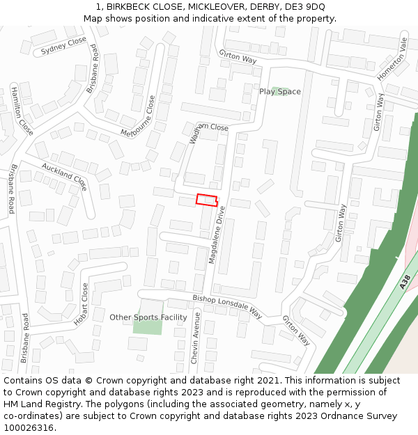 1, BIRKBECK CLOSE, MICKLEOVER, DERBY, DE3 9DQ: Location map and indicative extent of plot