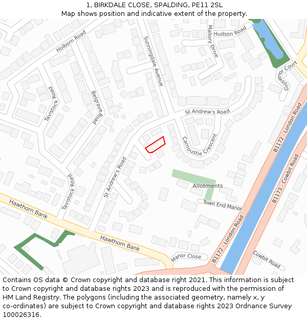 1, BIRKDALE CLOSE, SPALDING, PE11 2SL: Location map and indicative extent of plot