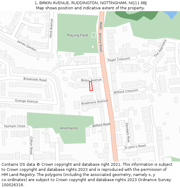 1, BIRKIN AVENUE, RUDDINGTON, NOTTINGHAM, NG11 6BJ: Location map and indicative extent of plot