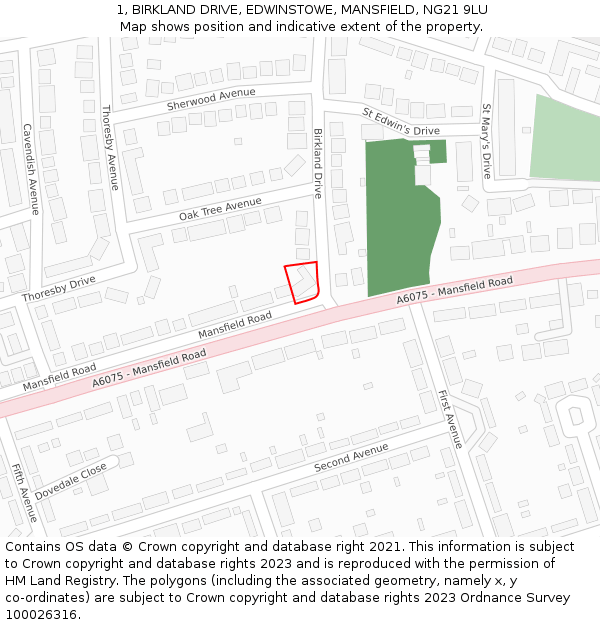 1, BIRKLAND DRIVE, EDWINSTOWE, MANSFIELD, NG21 9LU: Location map and indicative extent of plot