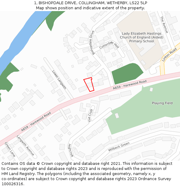 1, BISHOPDALE DRIVE, COLLINGHAM, WETHERBY, LS22 5LP: Location map and indicative extent of plot