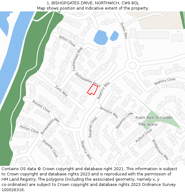 1, BISHOPGATES DRIVE, NORTHWICH, CW9 8GL: Location map and indicative extent of plot