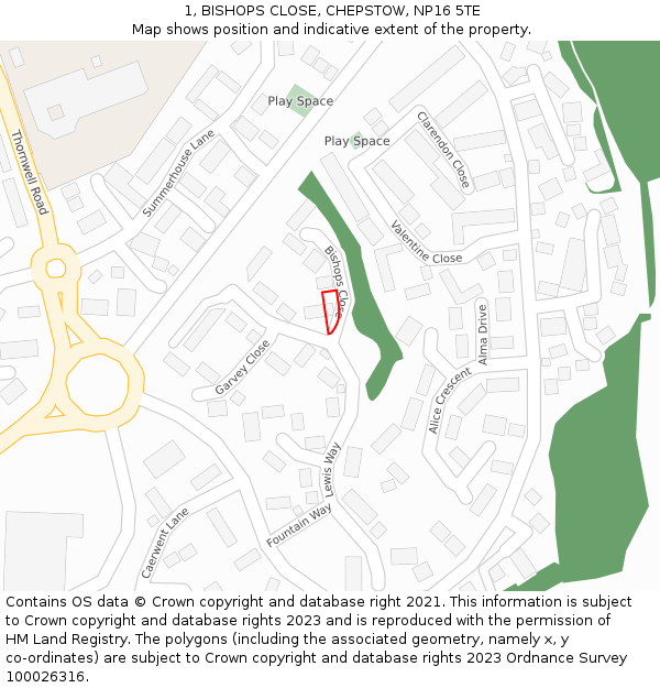 1, BISHOPS CLOSE, CHEPSTOW, NP16 5TE: Location map and indicative extent of plot