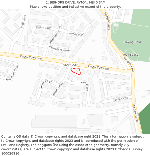 1, BISHOPS DRIVE, RYTON, NE40 3NY: Location map and indicative extent of plot