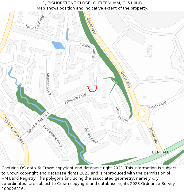 1, BISHOPSTONE CLOSE, CHELTENHAM, GL51 0UD: Location map and indicative extent of plot
