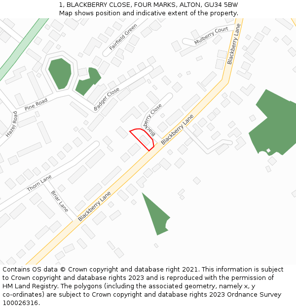 1, BLACKBERRY CLOSE, FOUR MARKS, ALTON, GU34 5BW: Location map and indicative extent of plot
