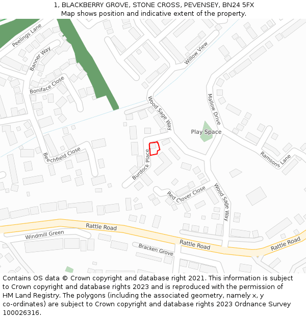 1, BLACKBERRY GROVE, STONE CROSS, PEVENSEY, BN24 5FX: Location map and indicative extent of plot