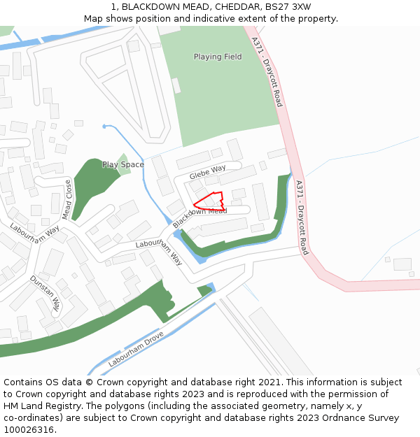 1, BLACKDOWN MEAD, CHEDDAR, BS27 3XW: Location map and indicative extent of plot