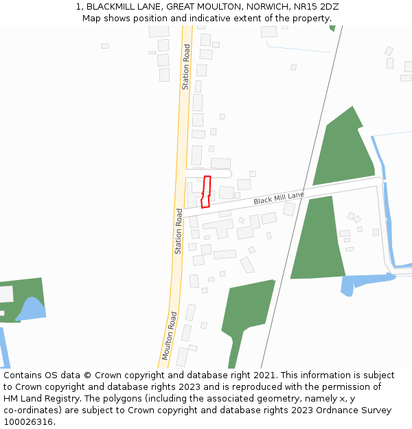 1, BLACKMILL LANE, GREAT MOULTON, NORWICH, NR15 2DZ: Location map and indicative extent of plot