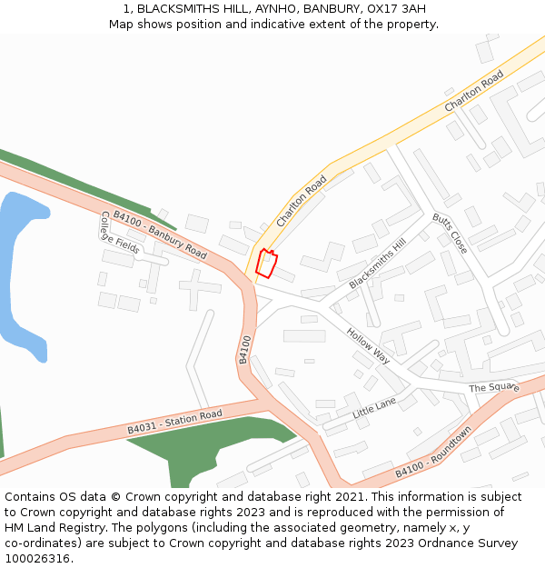 1, BLACKSMITHS HILL, AYNHO, BANBURY, OX17 3AH: Location map and indicative extent of plot