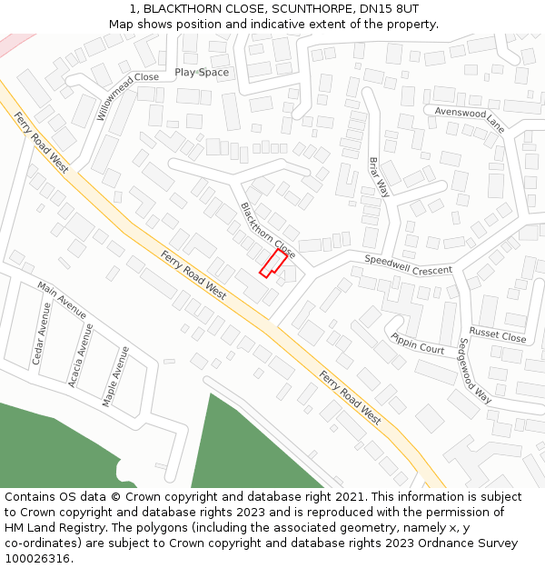 1, BLACKTHORN CLOSE, SCUNTHORPE, DN15 8UT: Location map and indicative extent of plot