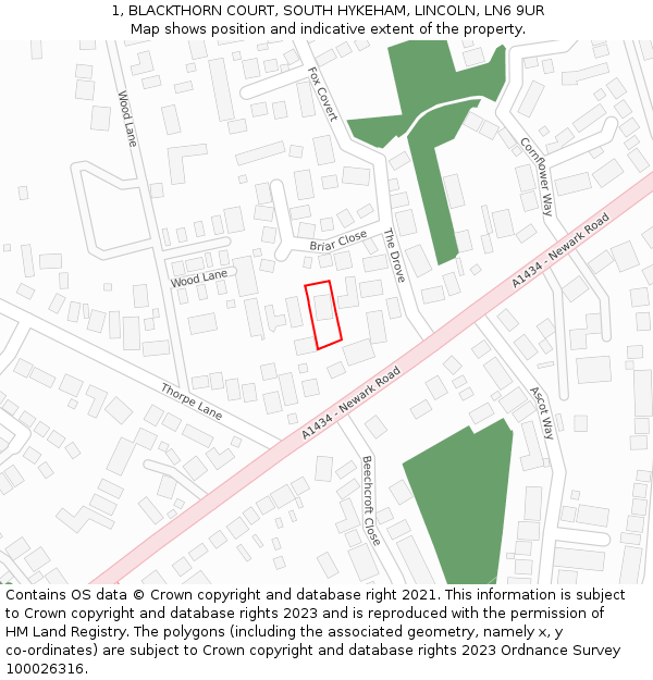 1, BLACKTHORN COURT, SOUTH HYKEHAM, LINCOLN, LN6 9UR: Location map and indicative extent of plot