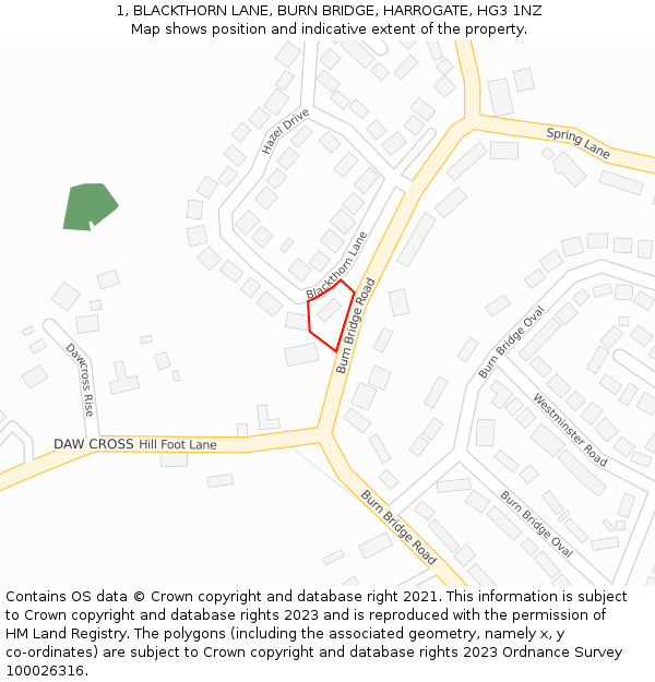 1, BLACKTHORN LANE, BURN BRIDGE, HARROGATE, HG3 1NZ: Location map and indicative extent of plot