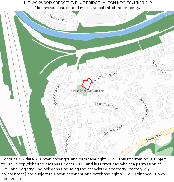 1, BLACKWOOD CRESCENT, BLUE BRIDGE, MILTON KEYNES, MK13 0LP: Location map and indicative extent of plot