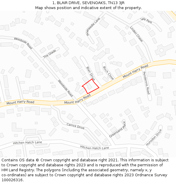1, BLAIR DRIVE, SEVENOAKS, TN13 3JR: Location map and indicative extent of plot