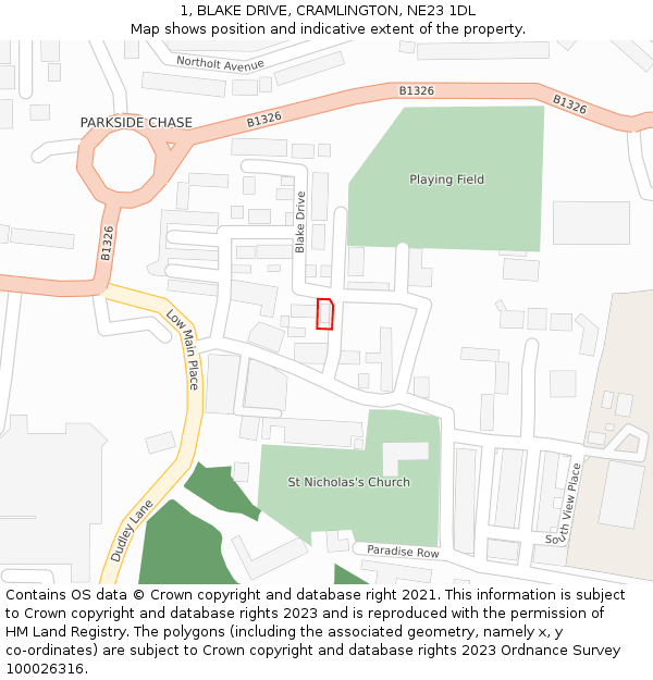 1, BLAKE DRIVE, CRAMLINGTON, NE23 1DL: Location map and indicative extent of plot