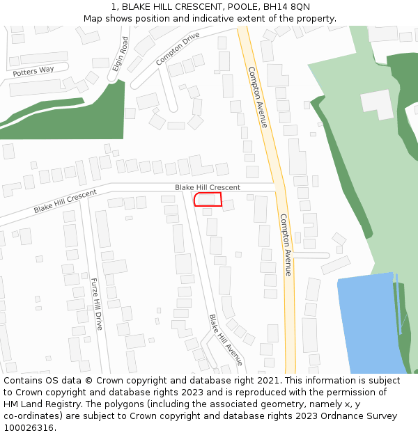 1, BLAKE HILL CRESCENT, POOLE, BH14 8QN: Location map and indicative extent of plot