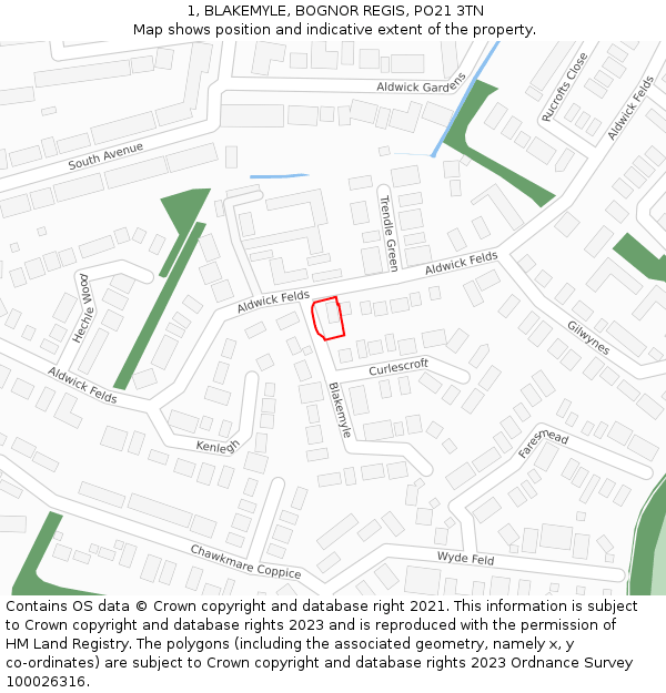 1, BLAKEMYLE, BOGNOR REGIS, PO21 3TN: Location map and indicative extent of plot